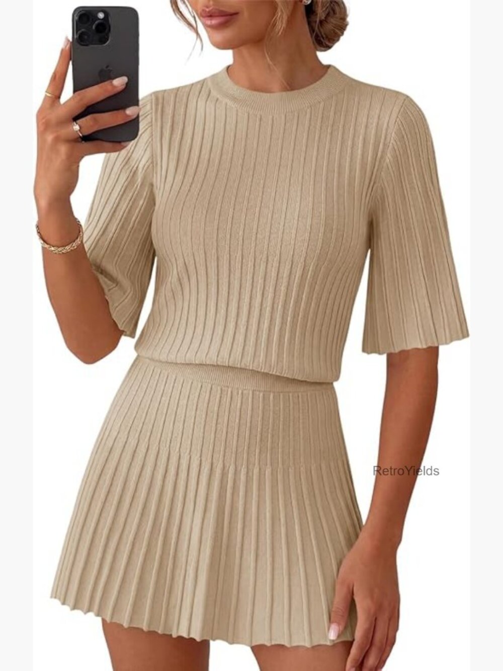 2 Piece Skirt Set Ribbed Knit Top Half Sleeve Pleated Mini Skirt Lounge Set